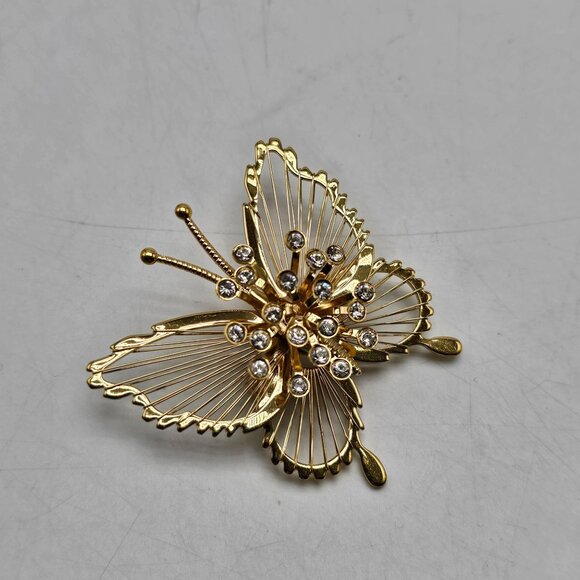 Gold Tone Monet Butterfly Brooch With Clear Rhinestones - Picture 2 of 5